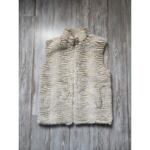 VTG Starfire Faux Fur Vest Cream Tan Stripe Lined Pockets Full Zip Sz M EUC